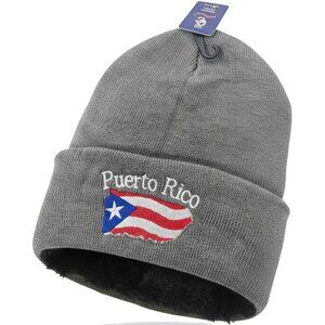 Puerto Rico Embroidered Skull Cap Beanie Winter Hat, Warm Lined, Grey, NWT